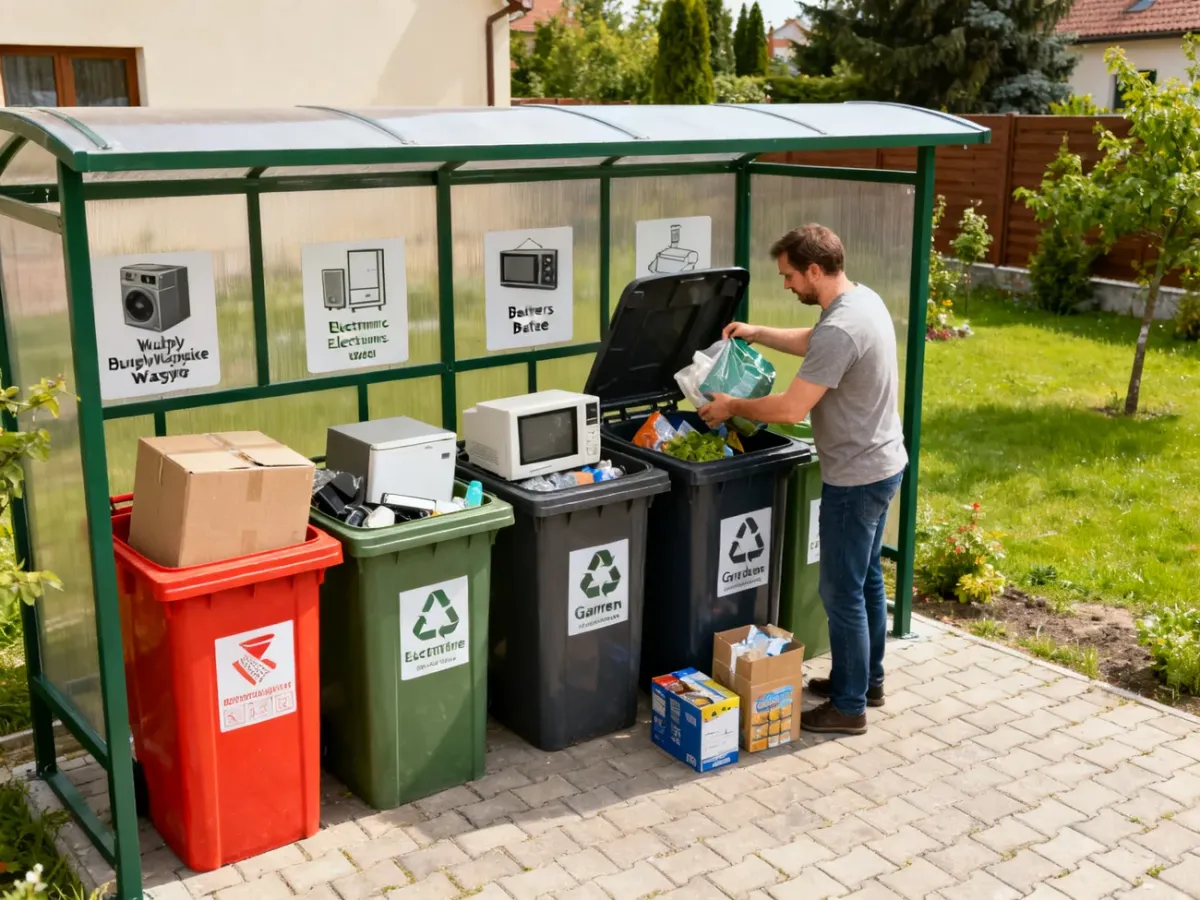Punkt selektywnego zbierania odpadów z pojemnikami na różne odpady