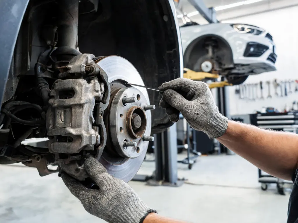 Mechanik w rękawicach sprawdza tarczę i klocki hamulcowe przedniego koła auta w jasnym, czystym warsztacie