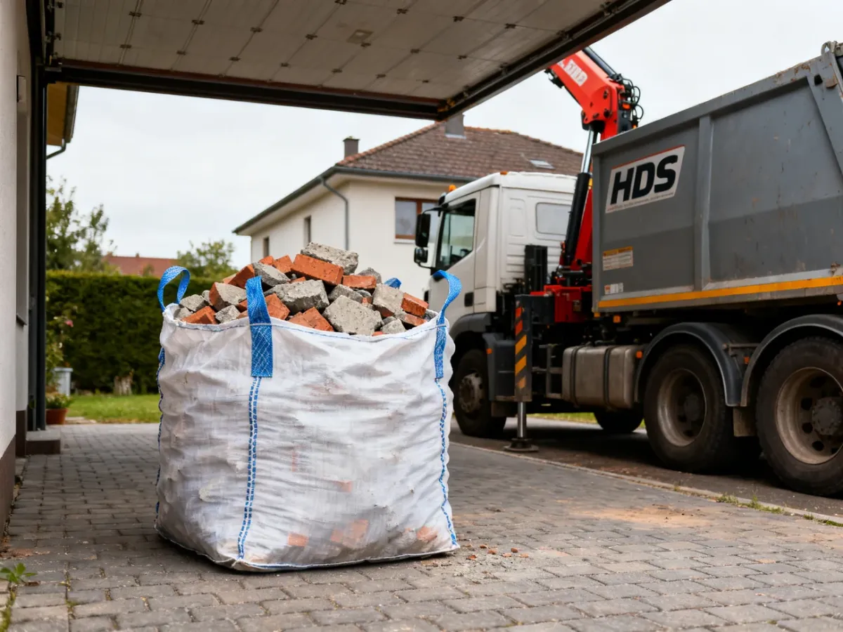 Worek Big Bag z gruzem ustawiony w miejscu dostępnym dla pojazdu