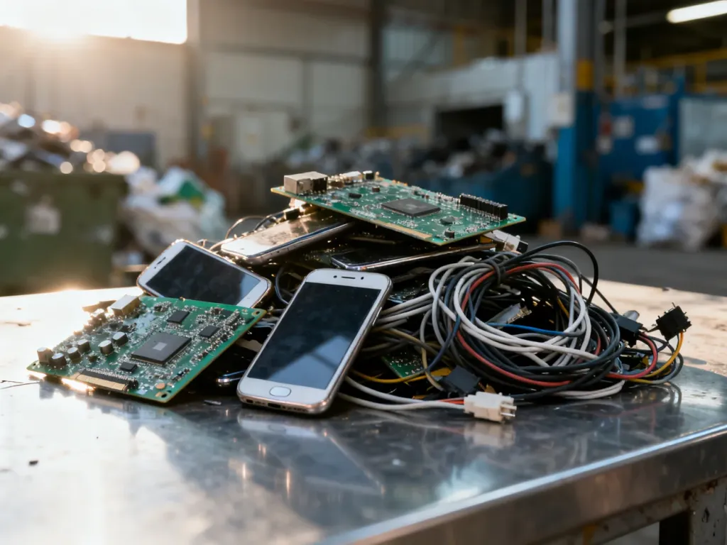 Sterta zużytego sprzętu elektronicznego, w tym płytki drukowane i kable, przygotowana do profesjonalnego recyklingu.