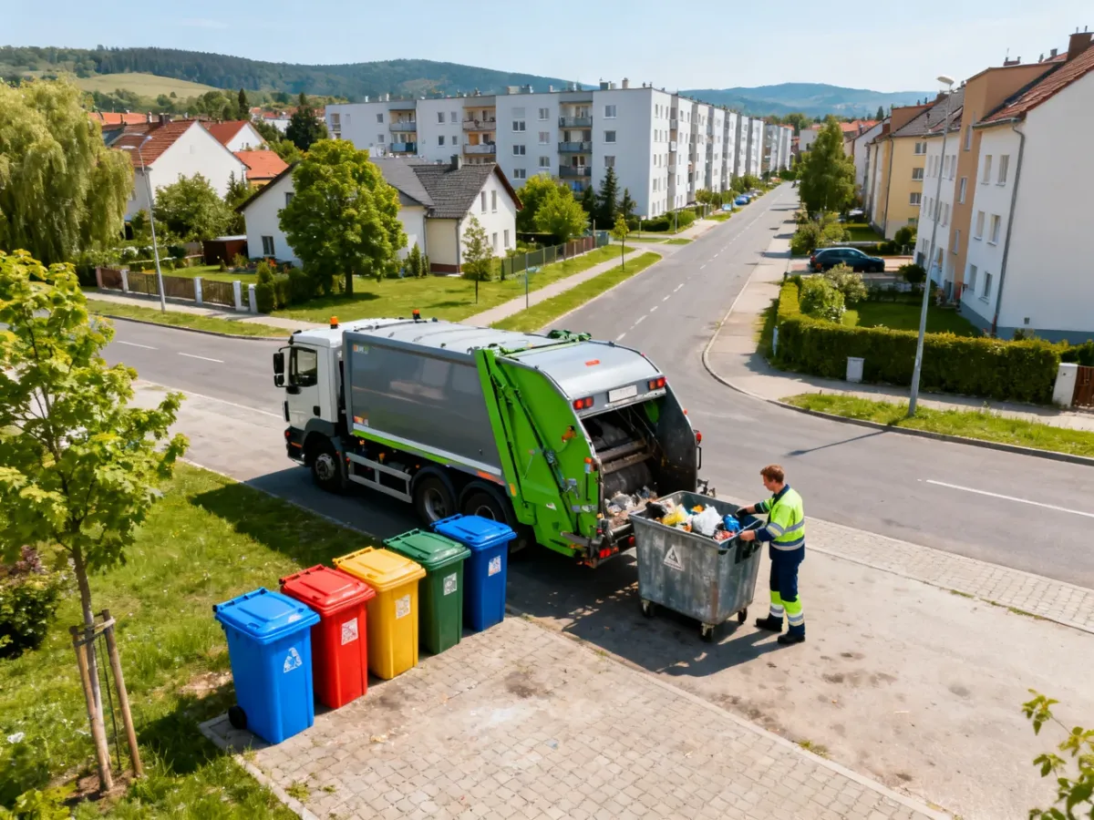 Śmieciarka i pracownik odbierający odpady z kolorowych pojemników na tle osiedla w Bielsku-Białej, no text on the picture