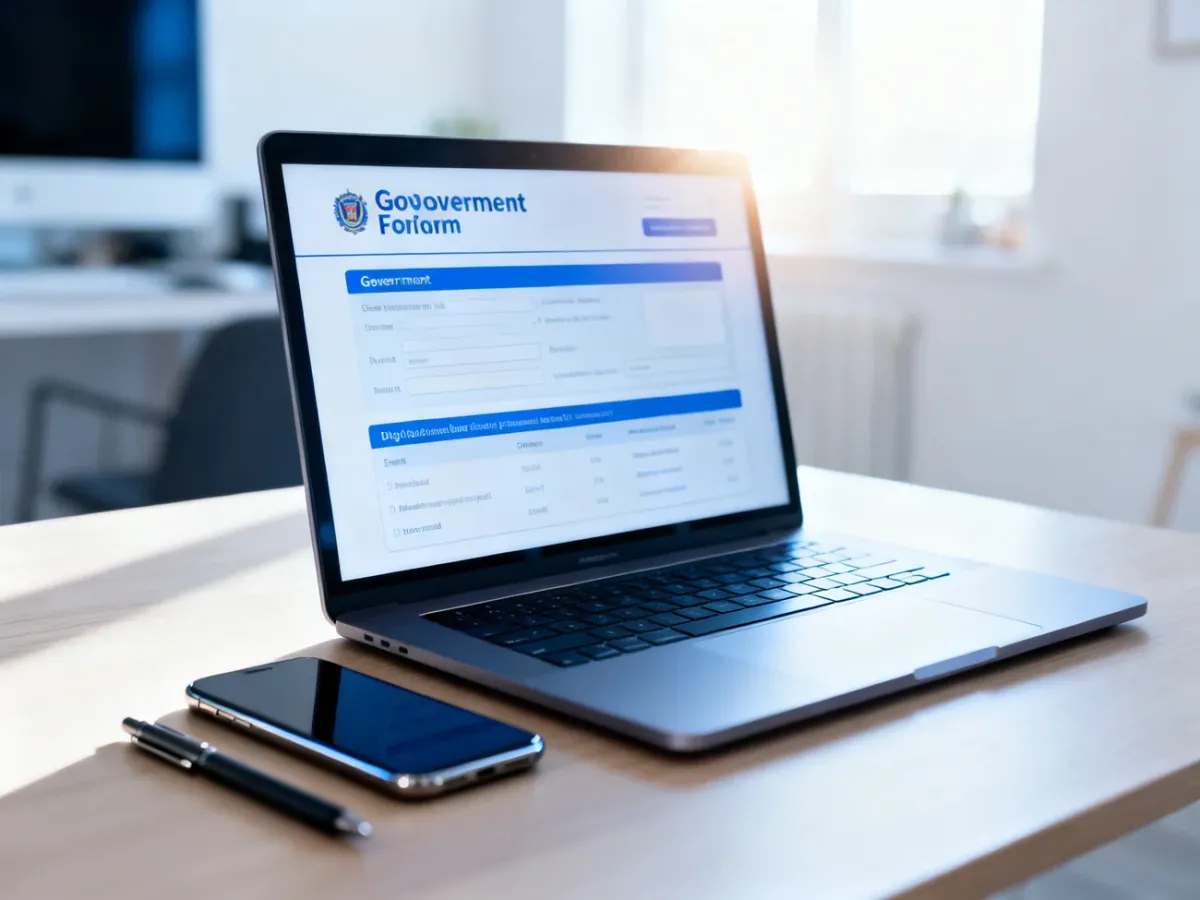 Ekran laptopa z otwartym formularzem rządowym, smartfonem i rysikiem na biurku, ilustrujący proces składania deklaracji online.