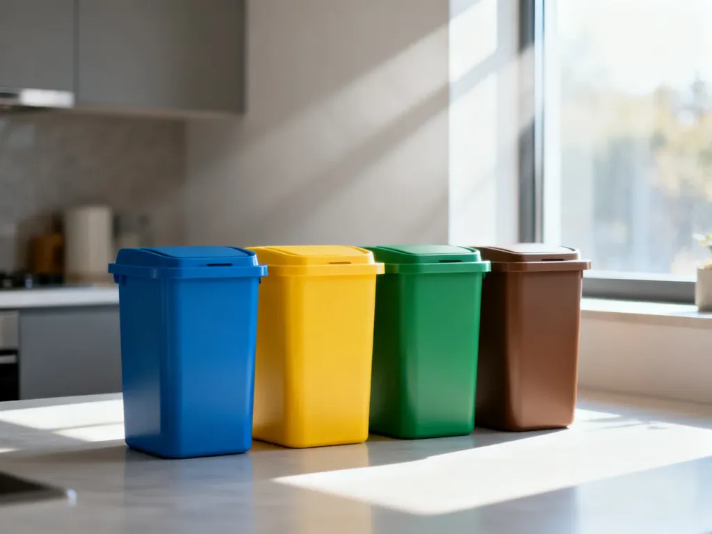 Cztery kolorowe kosze do segregacji odpadów ustawione w nowoczesnej kuchni, ułatwiające domowy recykling.