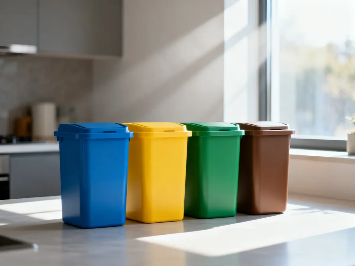 Cztery kolorowe kosze do segregacji odpadów ustawione w nowoczesnej kuchni, ułatwiające domowy recykling.