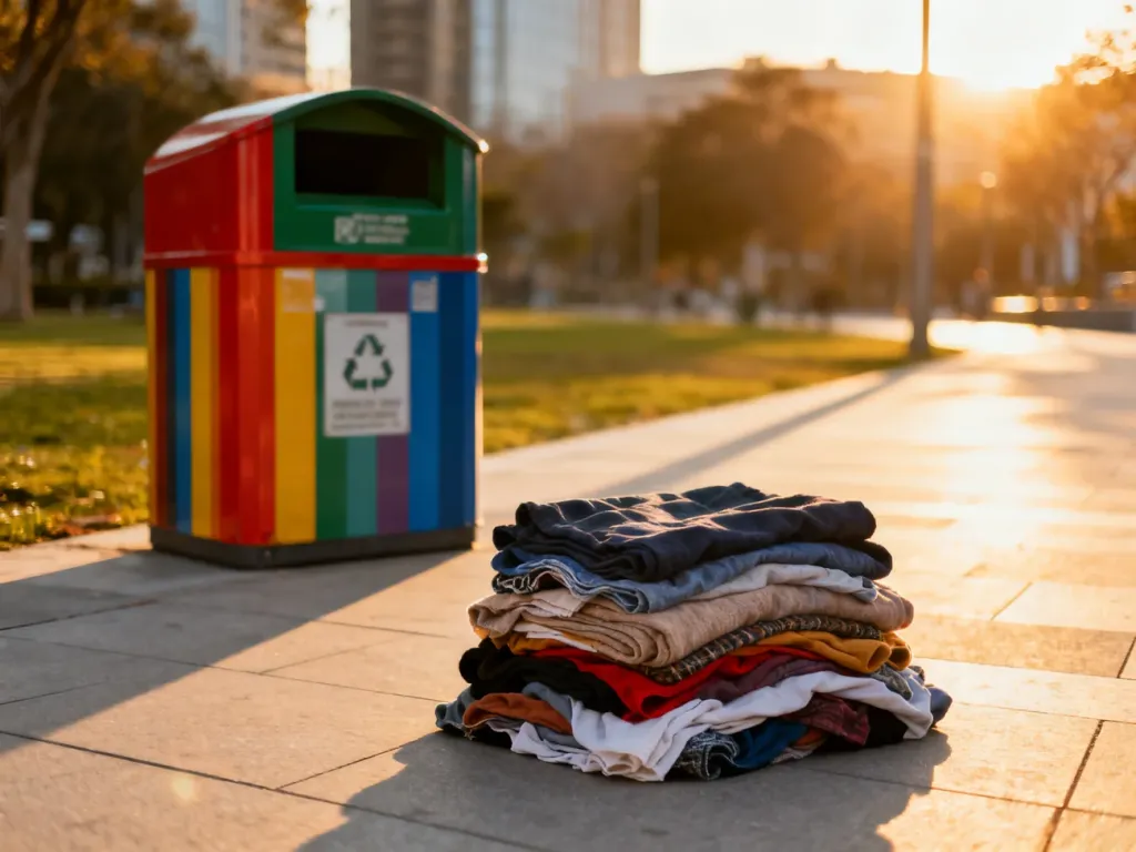 Kolorowy pojemnik na odzież używaną na miejskim chodniku z ułożonymi obok ubraniami gotowymi do recyklingu.