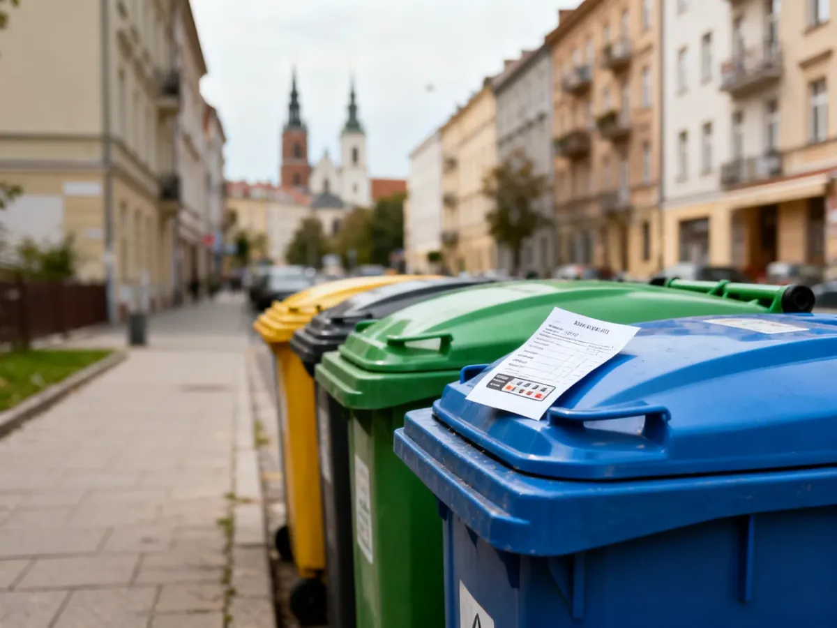 Kolorowe pojemniki na śmieci w Krakowie z rachunkiem za wywóz odpadów na jednym z nich, no text on the picture