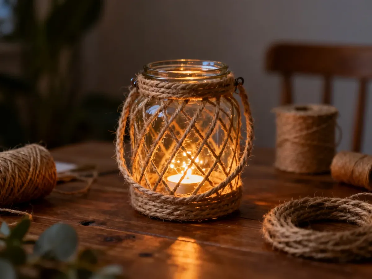 Słoik ozdobiony sznurkiem pełniący funkcję lampionu LED
