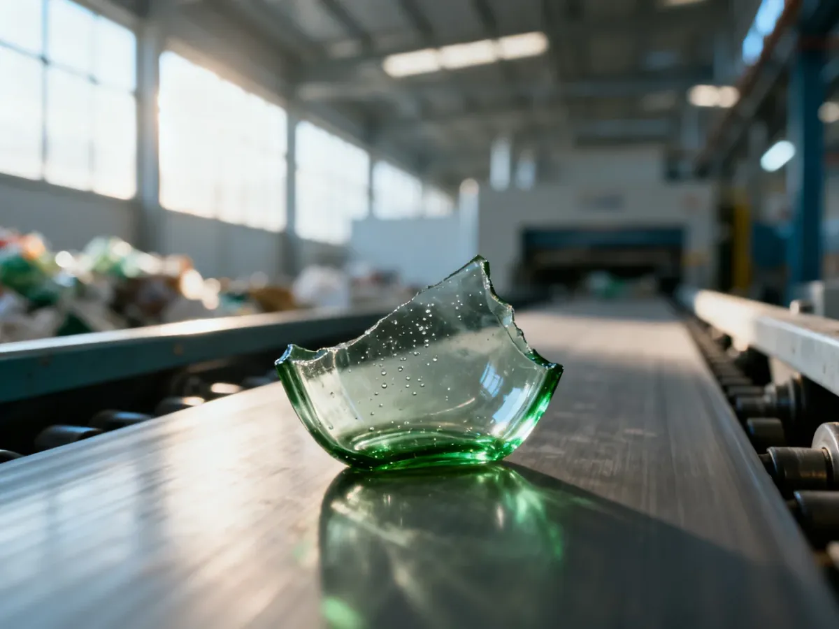 Fragment zielonej szklanej butelki na taśmie produkcyjnej w nowoczesnym zakładzie recyklingu.