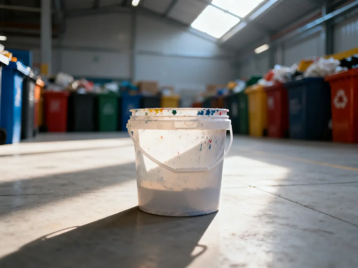 Puste plastikowe wiadro po farbie stojące na podłodze w centrum recyklingu, gotowe do właściwej segregacji odpadów.