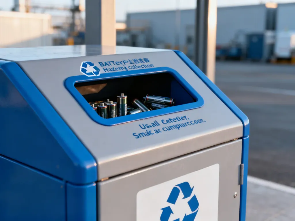 Specjalny pojemnik do selektywnej zbiórki zużytych baterii i akumulatorów w punkcie recyklingu.