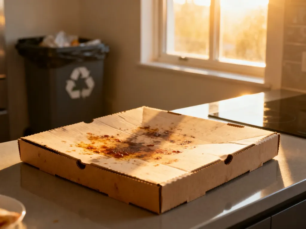 Zatłuszczone pudełko po pizzy leżące na kuchennym blacie obok kosza na odpady.