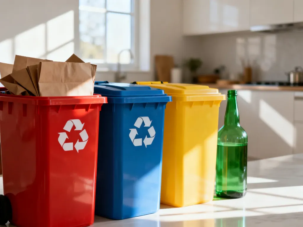 Kolorowe kosze do segregacji papieru, plastiku i szkła ustawione w nowoczesnej kuchni.
