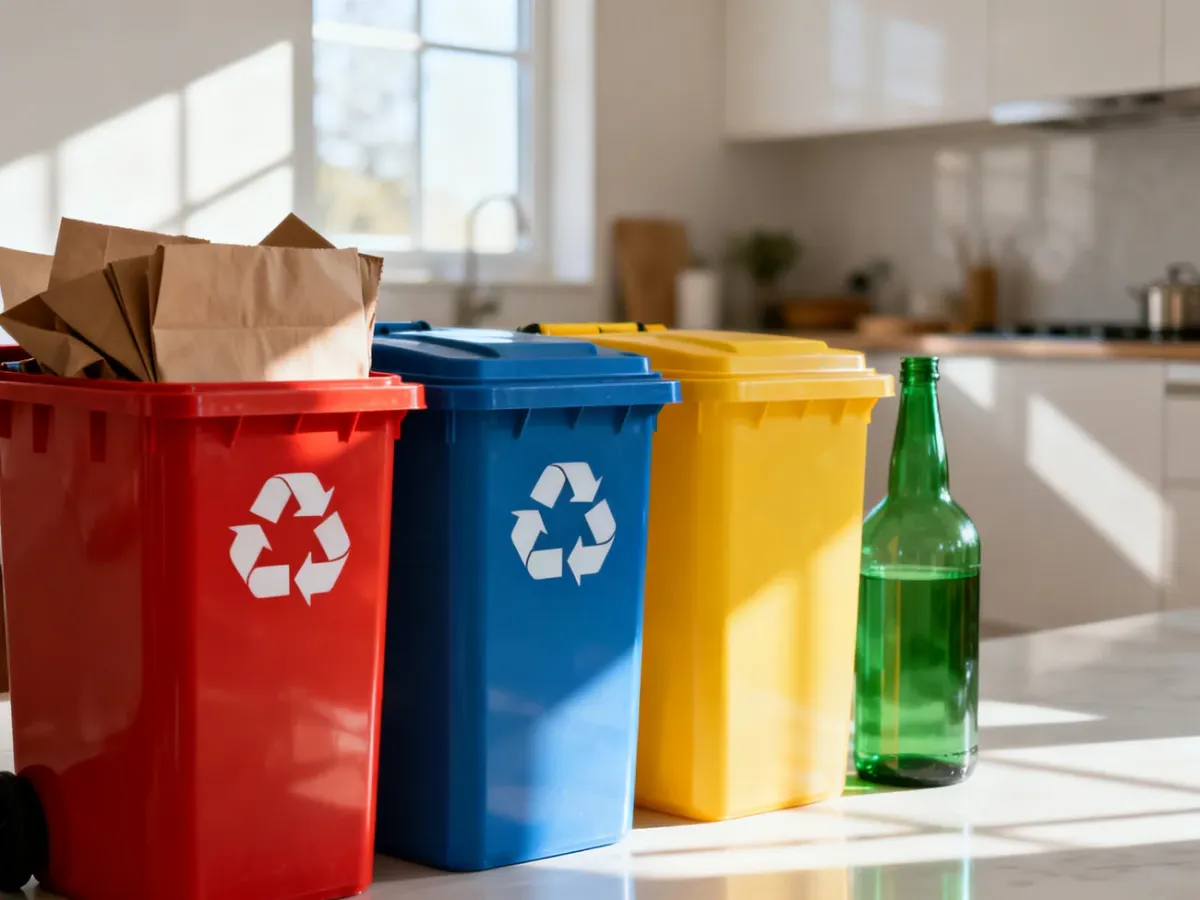 Kolorowe kosze do segregacji papieru, plastiku i szkła ustawione w nowoczesnej kuchni.