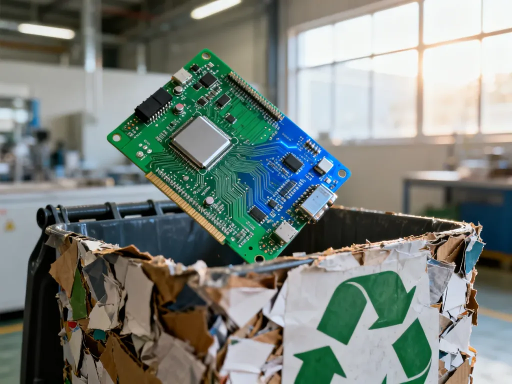 Płytka drukowana wkładana do pojemnika na odpady elektroniczne w nowoczesnym zakładzie recyklingu.