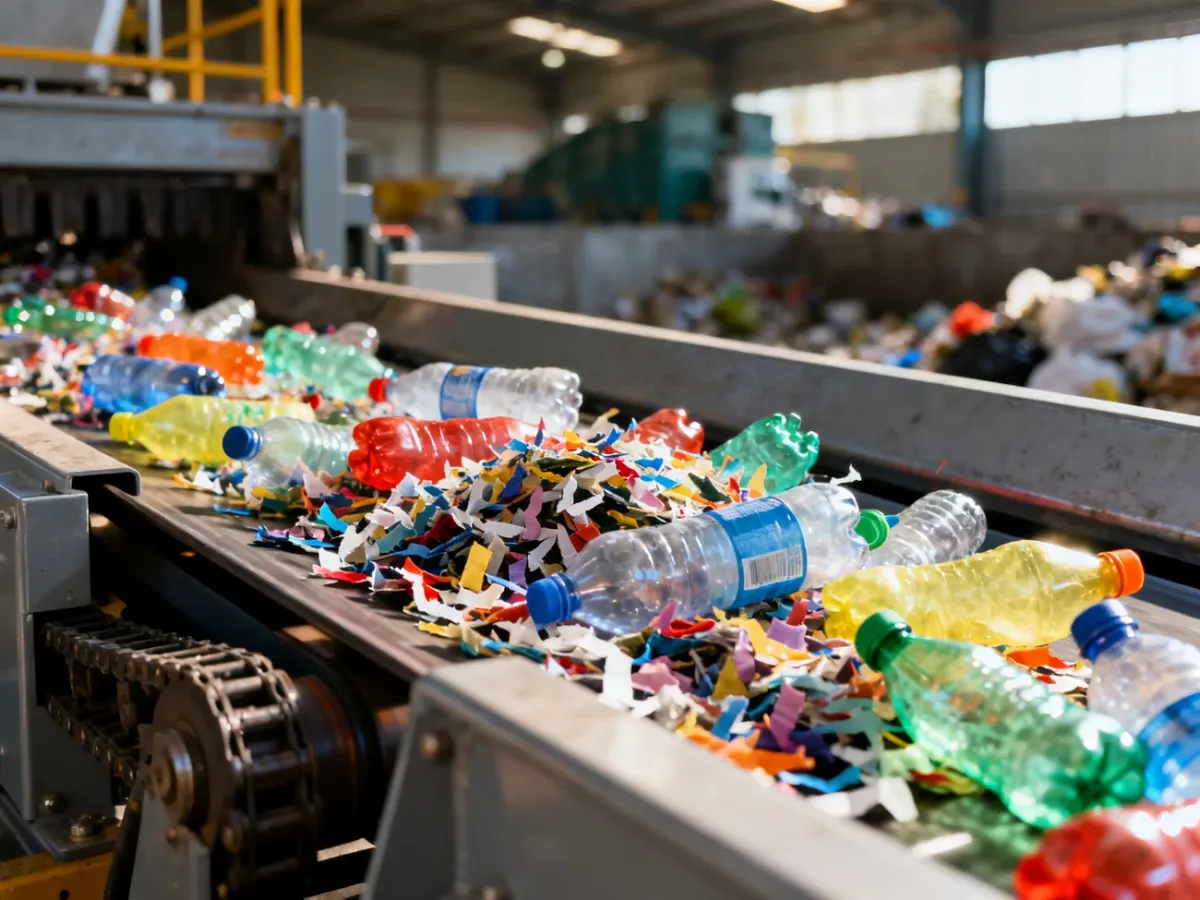 Kolorowe plastikowe butelki na taśmie produkcyjnej w zakładzie recyklingu, ukazujące proces przetwarzania odpadów.