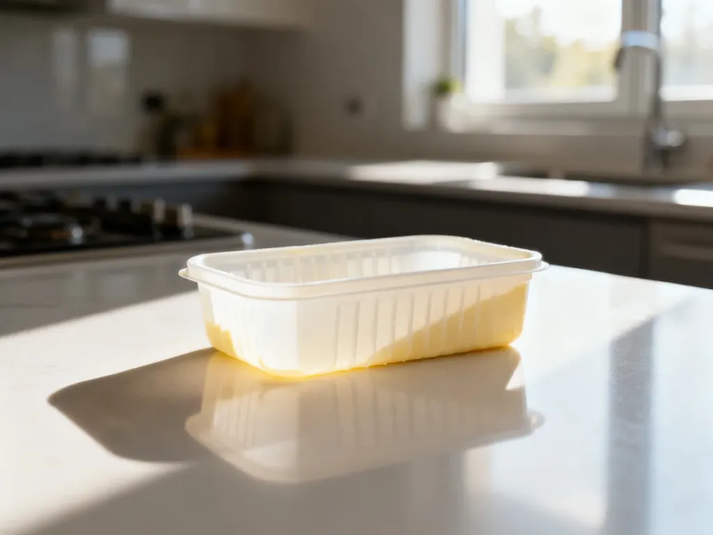 Puste plastikowe opakowanie po maśle na kuchennym blacie, gotowe do segregacji odpadów.