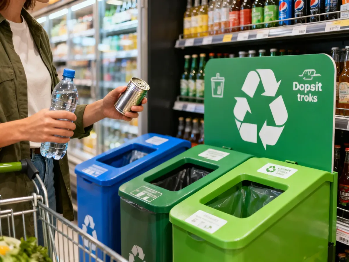 Konsument oddający plastikową butelkę i puszkę w systemie kaucyjnym