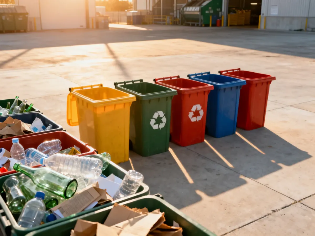 Kolorowe pojemniki do segregacji odpadów oraz przygotowane do recyklingu szkło, plastik i papier na tle nowoczesnej sortowni.