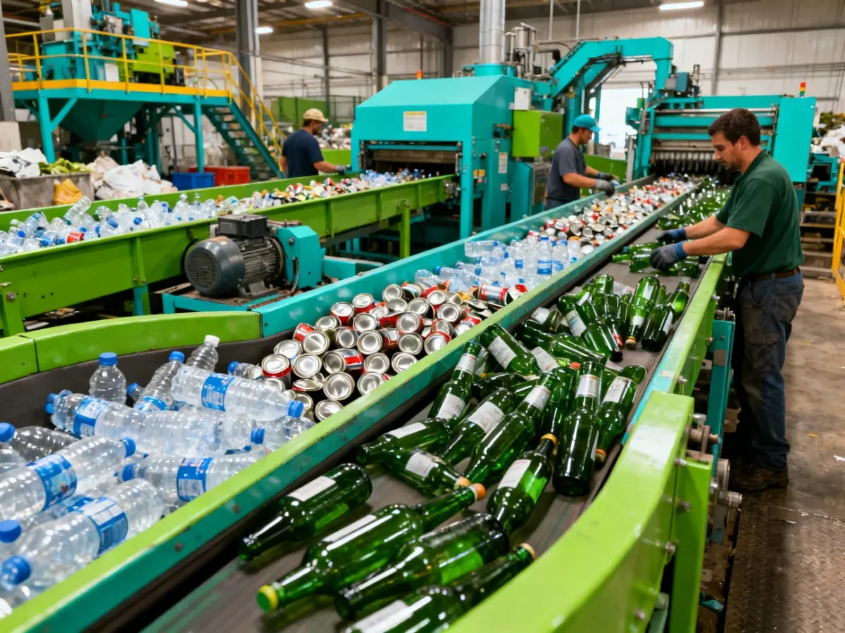 Sortowanie butelek i puszek w zakładzie recyklingu