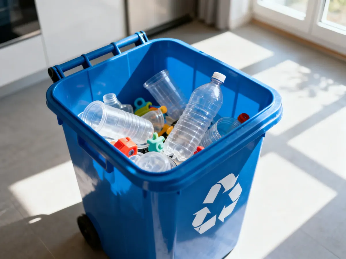 Niebieski pojemnik na odpady z plastikowymi opakowaniami w nowoczesnej kuchni, ilustrujący zasady segregacji tworzyw.