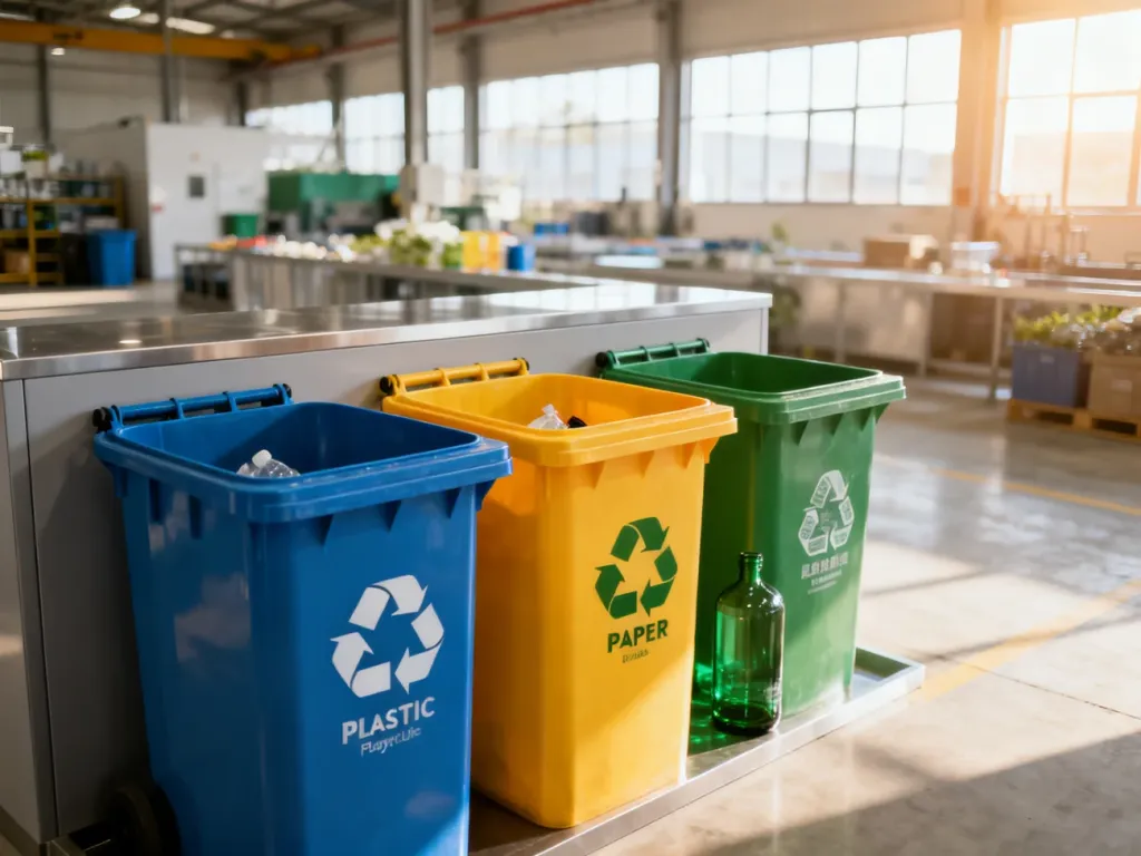 Nowoczesna stacja do segregacji odpadów z kolorowymi pojemnikami na plastik, papier i szkło w jasnym wnętrzu przemysłowym.