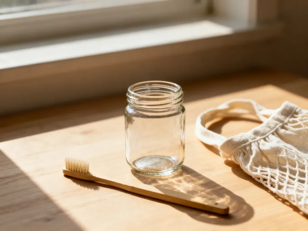 Szklany słoik, bambusowa szczoteczka i bawełniana torba na drewnianym blacie, symbolizujące ekologiczny styl życia zero waste.