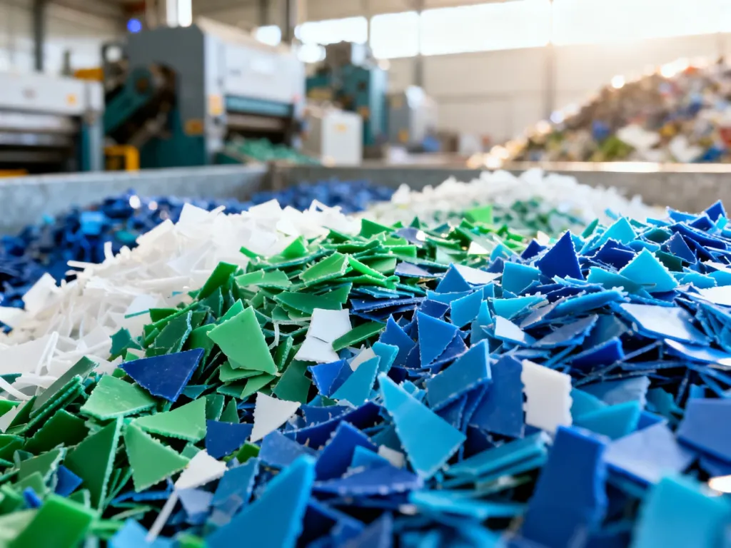 Kolorowe płatki przetworzonego plastiku przygotowane do recyklingu w nowoczesnym zakładzie przetwórczym.