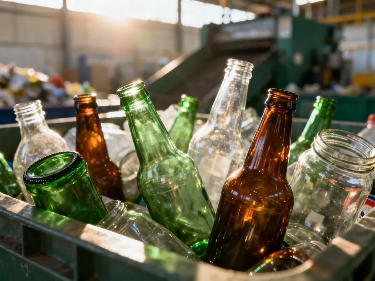 Różnorodne szklane butelki i słoiki w pojemniku do recyklingu, oświetlone promieniami porannego słońca.