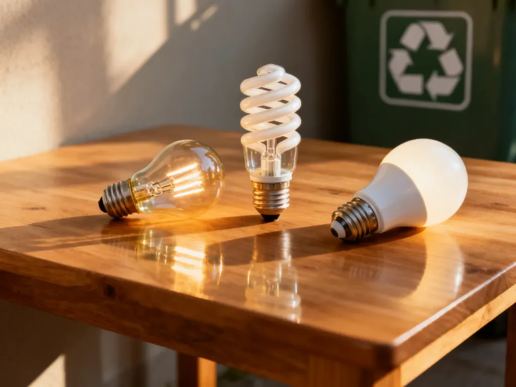 Różne rodzaje żarówek: tradycyjna, energooszczędna i LED, leżące na drewnianym stole w pobliżu symbolu recyklingu.